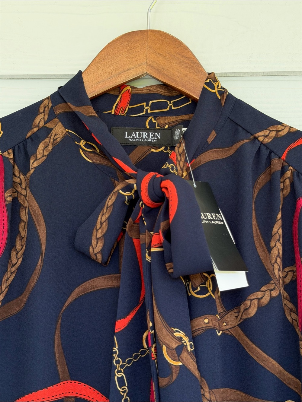 Ralph Lauren Georgette Equestrian Chain Print Tie Neck Midi Dress Navy 14 - Picture 6 of 11